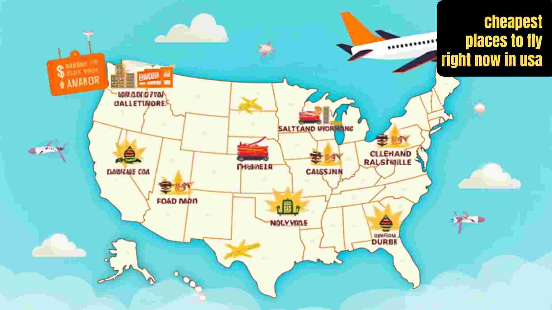 Airplane flying over a colorful map of the USA highlighting the cheapest places to fly right now, including San Antonio, Salt Lake City, Portland, and Tampa, with budget travel icons and dollar signs.