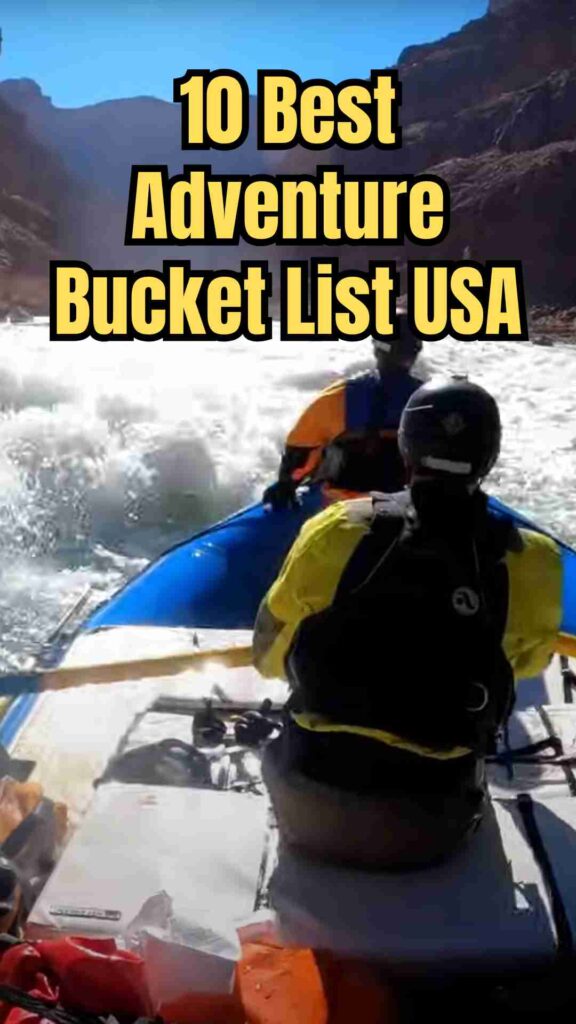 “10 best adventure bucket list experiences in the USA including skydiving, whitewater rafting, dog sledding, rock climbing, hot air ballooning, caving, and paragliding.”