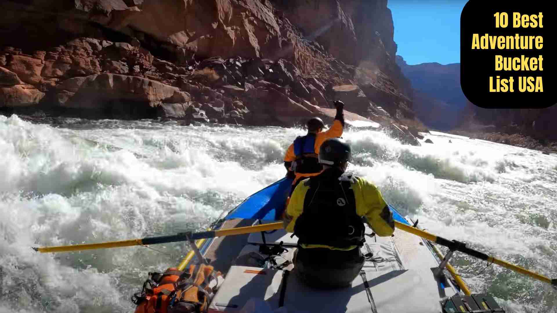 “Top 10 adventure bucket list experiences in the USA including skydiving in California, whitewater rafting in the Grand Canyon, dog sledding in Alaska, rock climbing in Joshua Tree, hot air ballooning in Albuquerque, caving in Carlsbad Caverns, and paragliding in Colorado.”
