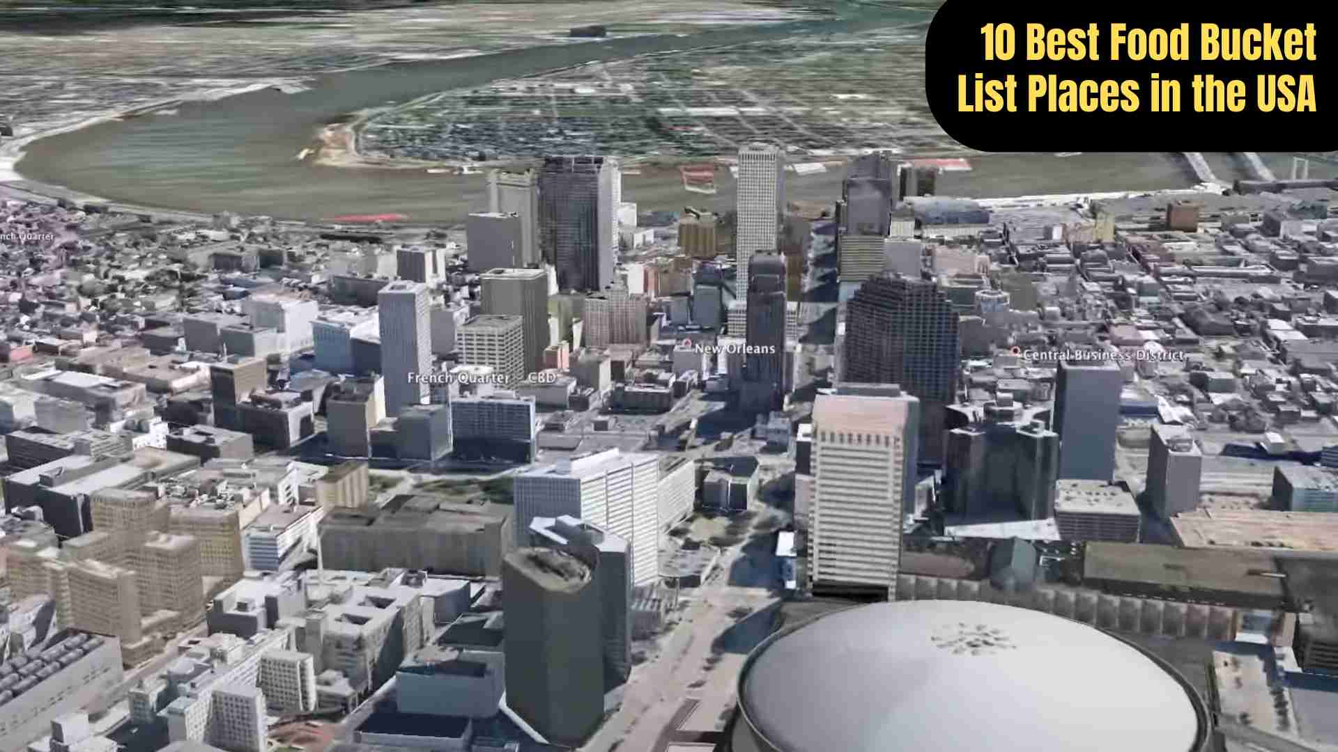 A vibrant collage showcasing iconic foods from America’s top culinary destinations: New Orleans beignets and gumbo, Chicago deep-dish pizza and hot dogs, Austin BBQ, Portland food carts, New York bagels and pizza, San Francisco sourdough and seafood, Nashville hot chicken, Philadelphia cheesesteaks, Charleston shrimp and grits, and Los Angeles diverse street foods.