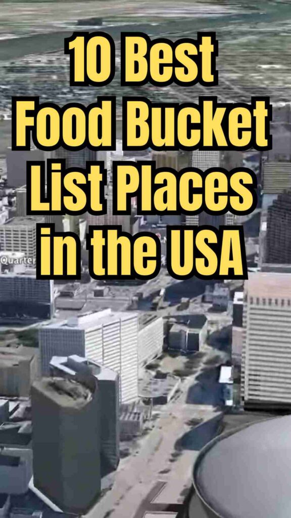 Collage of iconic American foods from top culinary destinations, including New Orleans beignets, Chicago deep-dish pizza, Austin BBQ, Portland food carts, New York bagels, San Francisco sourdough and seafood, Nashville hot chicken, Philadelphia cheesesteaks, Charleston shrimp and grits, and Los Angeles diverse street foods.