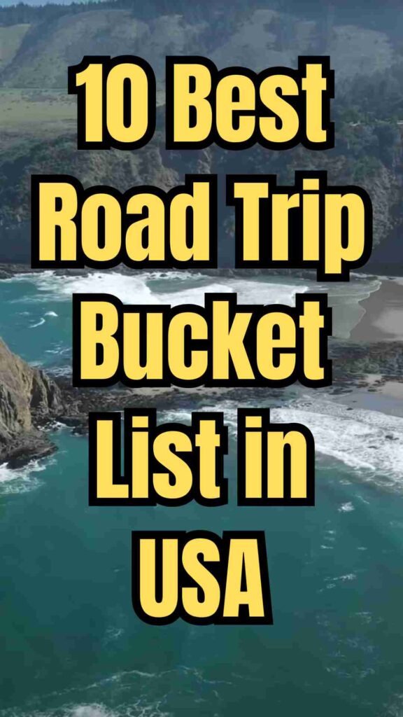 A montage of America’s top road trip destinations, including ocean cliffs of the Pacific Coast Highway, neon signs of Route 66, colorful fall foliage on the Blue Ridge Parkway, towering peaks of Glacier National Park, winding Mississippi River views, Oregon Coast beaches, Nevada desert highways, the bridges of Florida Keys, Alaskan wilderness, and Utah’s red rock national parks.
