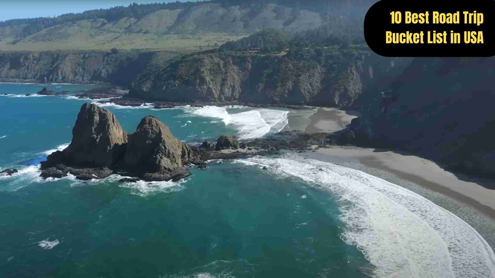 A scenic collage of America’s most iconic road trip routes, featuring the Pacific Coast Highway cliffs, Route 66 neon signs, Blue Ridge Parkway fall foliage, Going-to-the-Sun Road mountain peaks, Mississippi River views, Oregon Coast beaches, Nevada desert stretches, Florida Keys bridges, Alaska Highway wilderness, and Utah’s Mighty Five red rock landscapes.