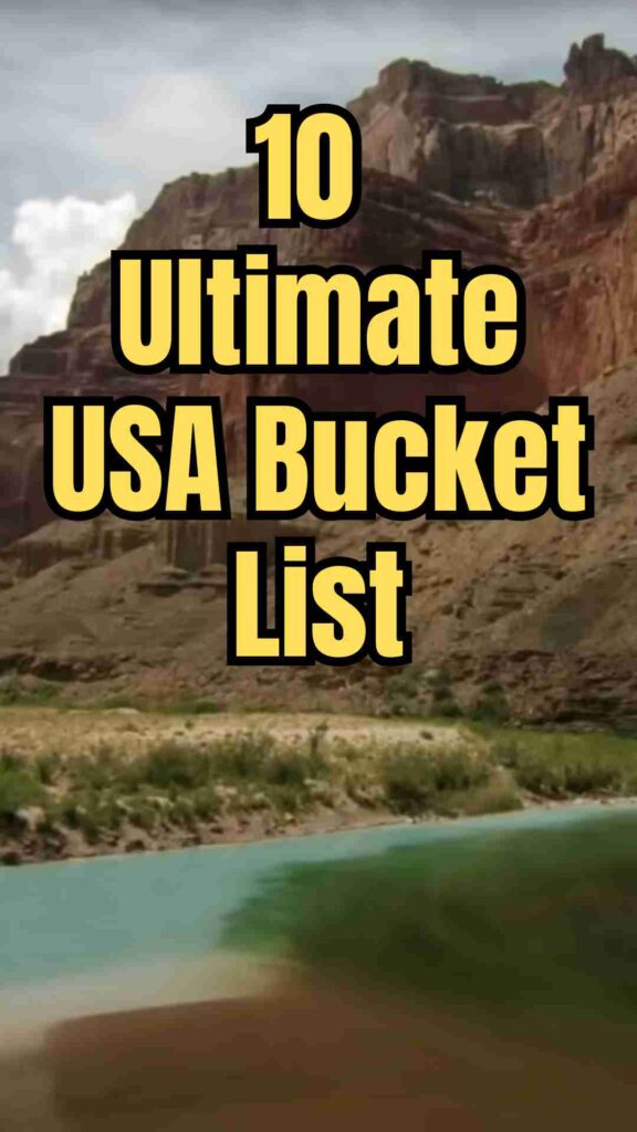 Collage of the 10 ultimate USA bucket list destinations, featuring the Grand Canyon, Yellowstone, New York City, Hawaii, New Orleans, San Francisco, Grand Teton, Las Vegas, Miami, and Chicago landmarks.