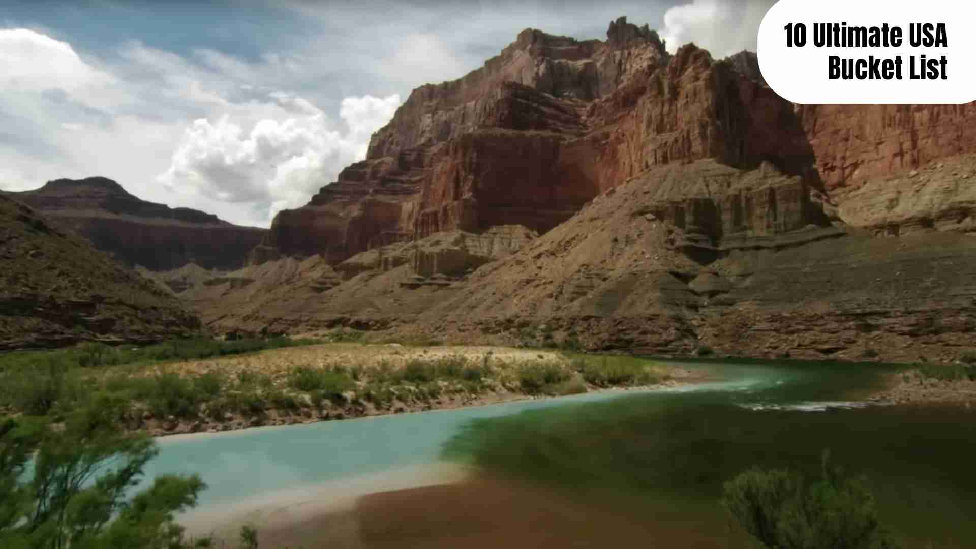 A collage showcasing the 10 ultimate USA bucket list destinations, including the Grand Canyon, Yellowstone National Park, New York City skyline, Hawaiian beaches, New Orleans’ French Quarter, San Francisco’s Golden Gate Bridge, Grand Teton peaks, Las Vegas Strip, Miami’s South Beach, and Chicago’s Millennium Park.
