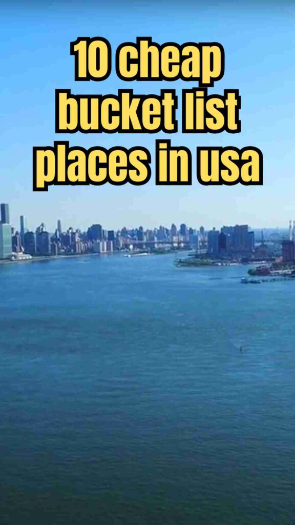 A collection of budget-friendly travel destinations in the USA, showcasing iconic landmarks, scenic landscapes, beaches, and cultural hotspots perfect for a cheap bucket list adventure.