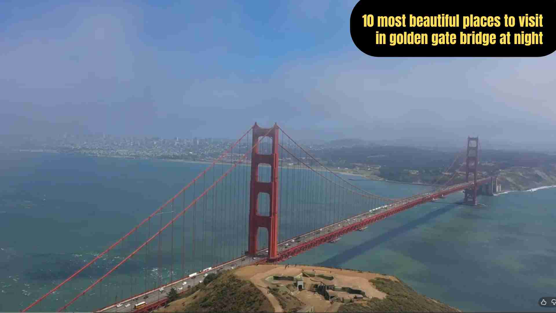 Golden Gate Bridge glowing at night, with sparkling city lights, reflections on the bay, and views from scenic spots like Battery Spencer, Baker Beach, and Hawk Hill.