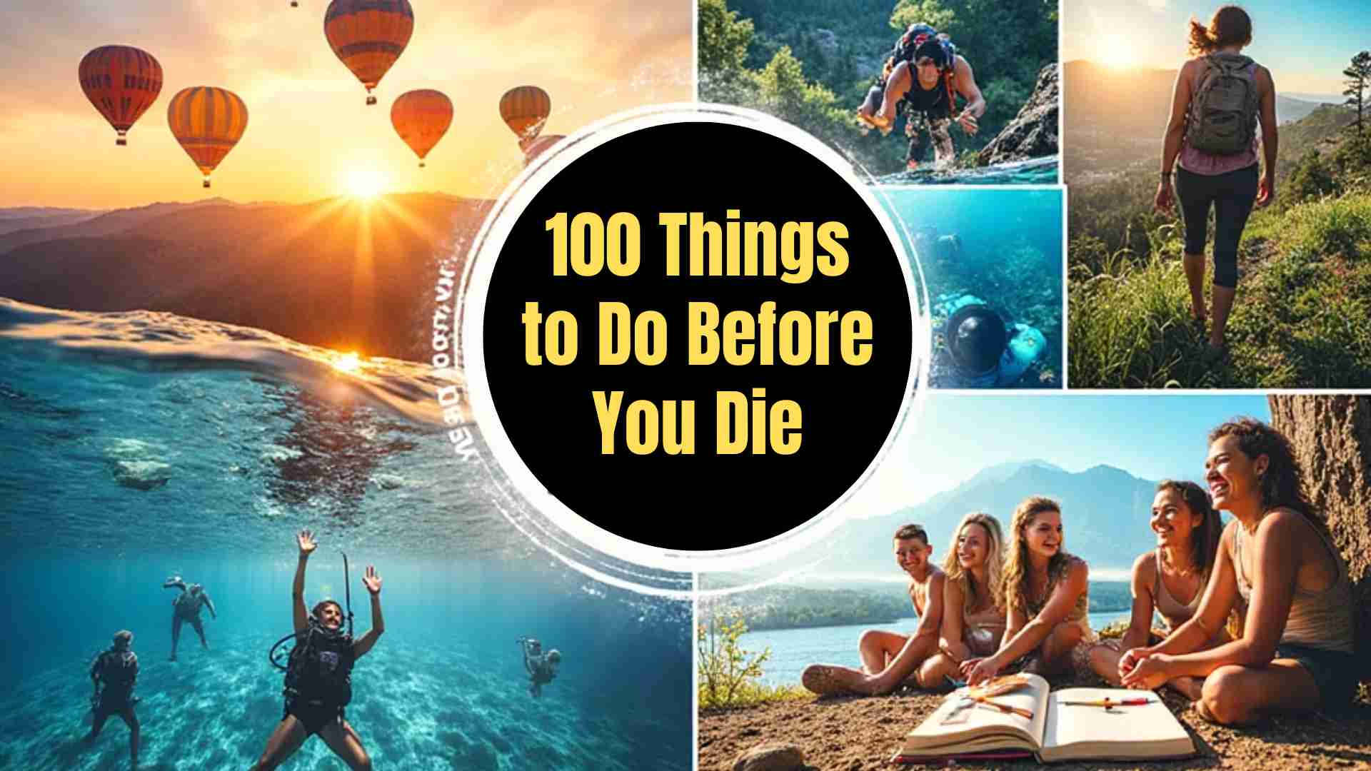 "Collage of life adventures and experiences including hot air balloons at sunrise, hiking trails, scuba diving, cultural festivals, meditation in nature, and journaling, representing '100 Things to Do Before You Die'."