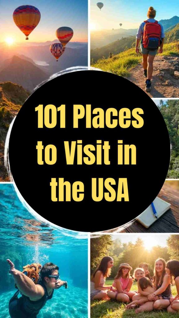 "Collage of adventurous and life-enriching activities including watching sunrises from mountaintops, road trips, solo travel, hot air balloon rides, wildlife experiences, cultural tours, extreme sports, creative workshops, volunteering, and personal growth moments, representing 100 things to do before you die."