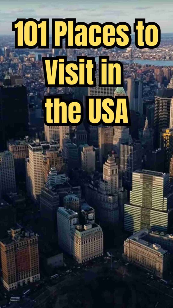 Collage of famous U.S. destinations including New York City skyline, Grand Canyon, Yellowstone, beaches of Hawaii, and iconic landmarks, showcasing top places to visit in the USA.