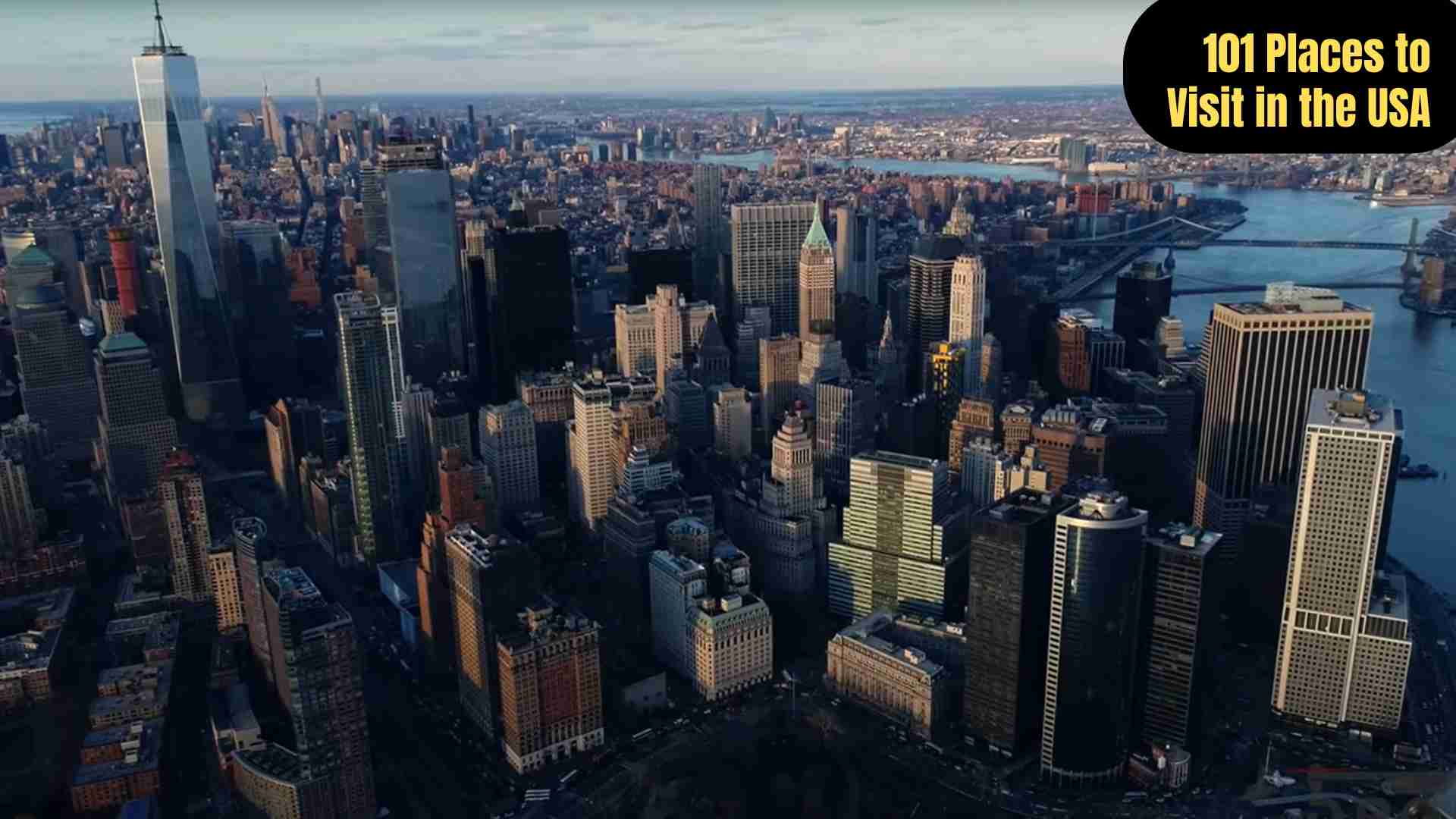 A vibrant collage of iconic U.S. destinations, including bustling city skylines, majestic national parks, scenic coastlines, and famous landmarks, representing 101 must-visit places across the USA.