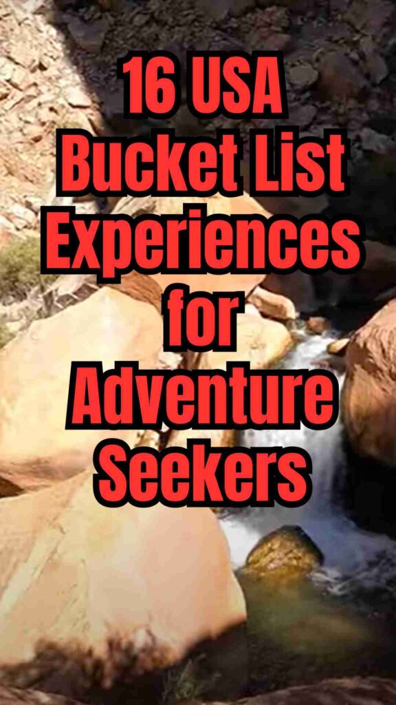 Collage of 16 thrilling USA adventures, including hiking the Grand Canyon, surfing in California and Hawaii, whitewater rafting on the Colorado River, ziplining over the Smoky Mountains and Redwoods, skiing in Aspen, kayaking through the Everglades, hot air ballooning in Albuquerque, climbing Mount Rainier, sandboarding at Great Sand Dunes, skydiving in California, exploring Carlsbad Caverns, hiking Half Dome in Yosemite, swimming at Havasu Falls, and glacier trekking in Alaska.