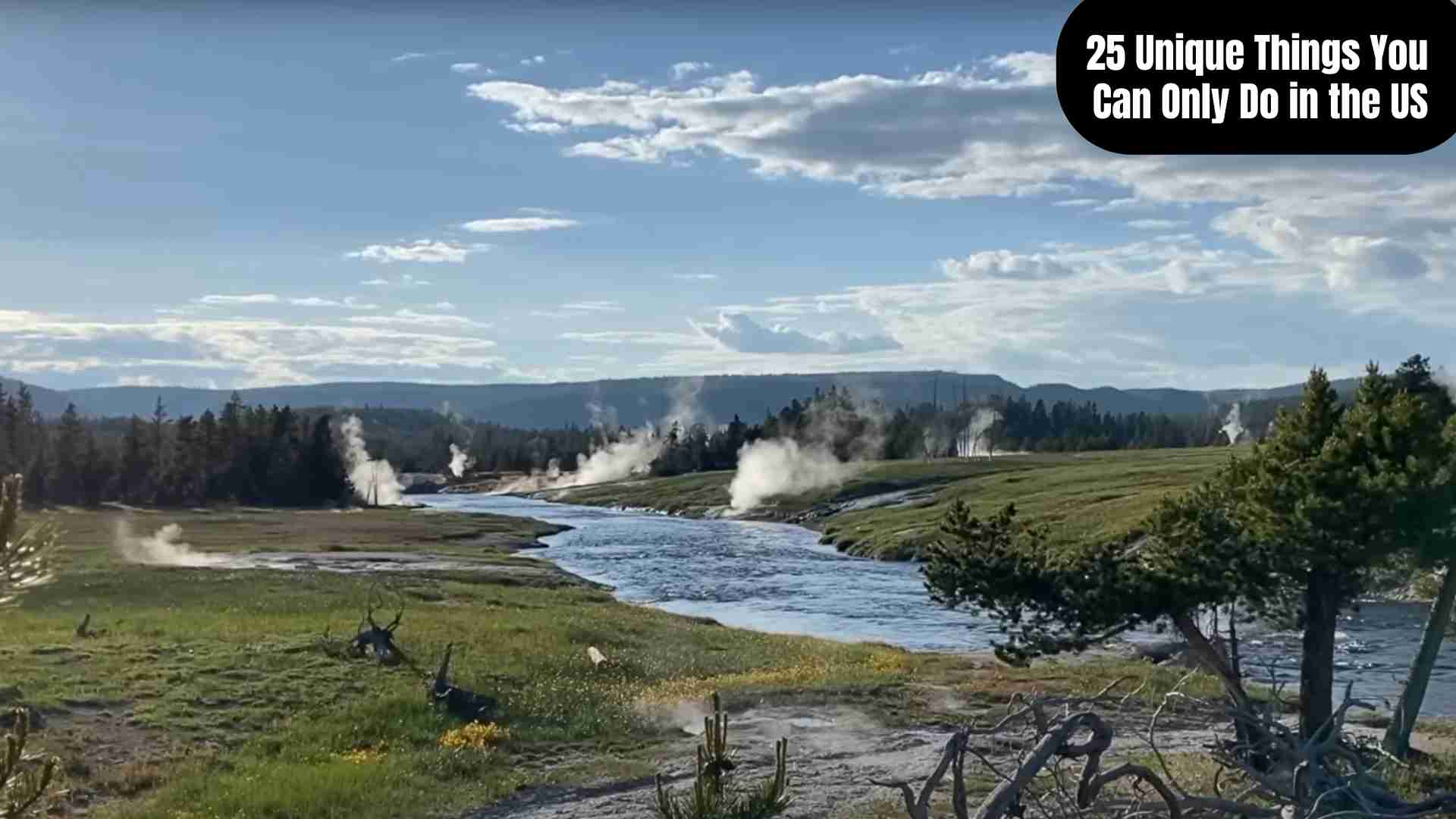 A collage of 25 unique experiences across the United States, including Yellowstone’s Old Faithful geyser erupting, Pacific Coast Highway cliffs, Grand Canyon helicopter views, Texas rodeo action, Kennedy Space Center rockets, Mardi Gras parades in New Orleans, giant sequoias in California, Northern Lights in Alaska, floating in the Great Salt Lake, Monument Valley landscapes, Craters of the Moon lava fields, Carhenge in Nebraska, and the vibrant culture, adventure, and landmarks that can only be experienced in the U.S.