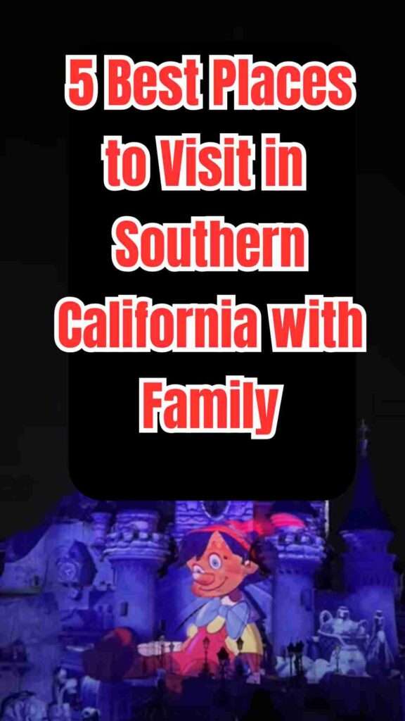 Family enjoying top Southern California attractions including Disneyland, LEGOLAND, San Diego Zoo, Griffith Park, and La Jolla Cove with kids playing, exploring, and sightseeing.