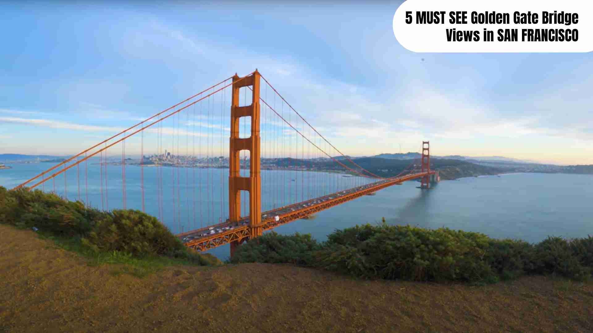 Scenic views of the Golden Gate Bridge from five must-see spots in San Francisco: the iconic Battery Spencer overlook with city skyline behind, the relaxed waterfront at Crissy Field, the secluded Marshall’s Beach framed by rugged coastline, the historic under-the-bridge perspective at Fort Point, and the sunset-lit Baker Beach with sand and ocean in the foreground.