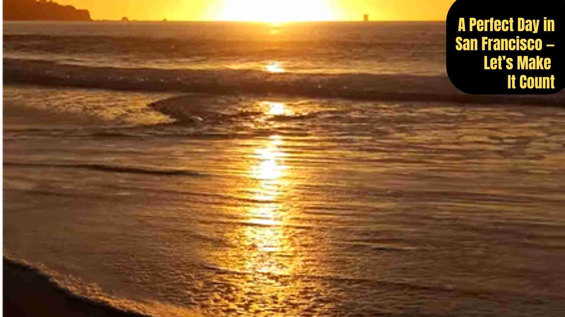 Golden Gate Bridge glowing at sunrise viewed from Baker Beach, San Francisco, with waves crashing gently on the shore and city landmarks visible in soft morning light.