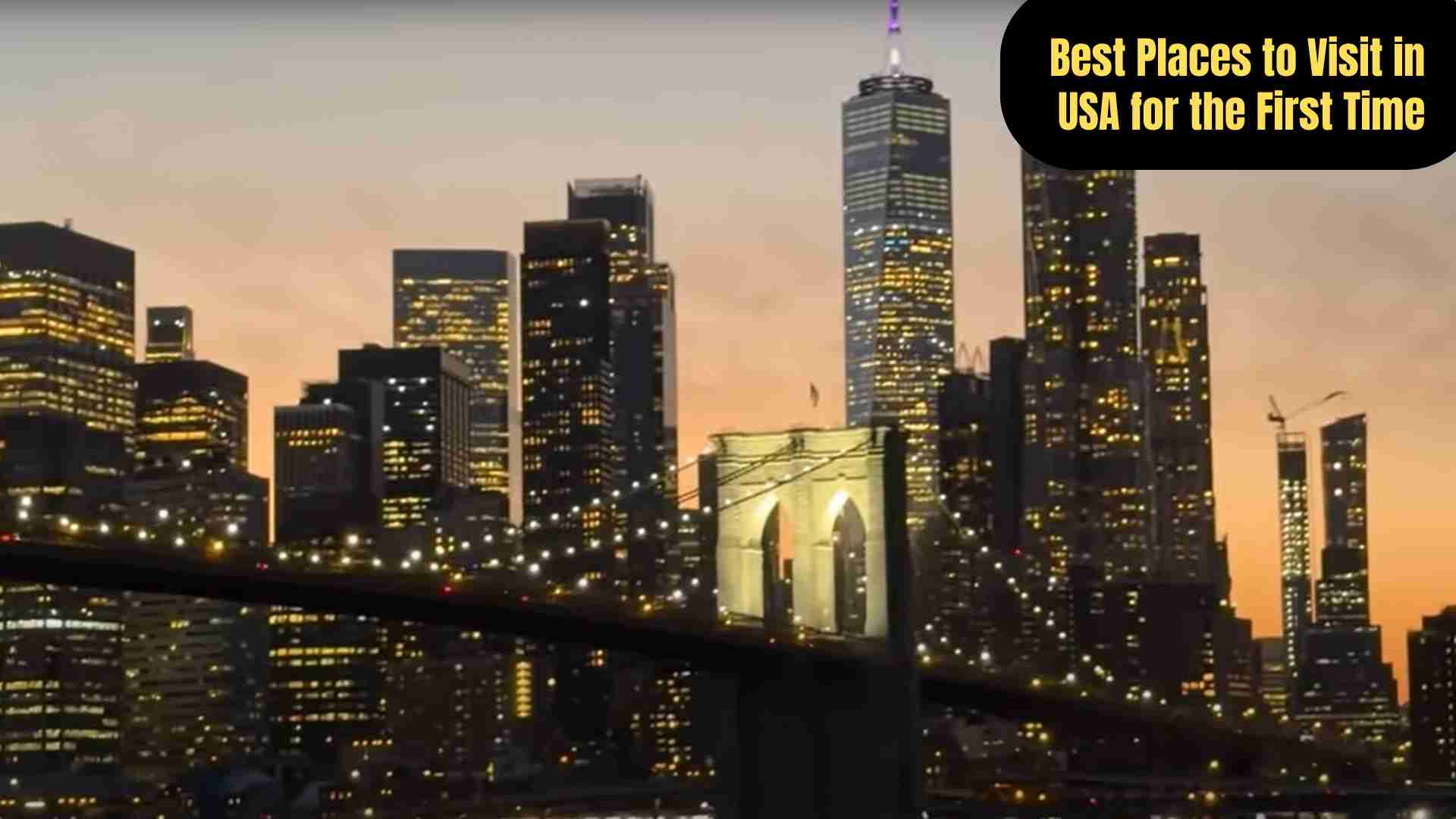 A collage of iconic U.S. destinations for first-time visitors, including New York City’s skyline, Washington D.C.’s monuments, San Francisco’s Golden Gate Bridge, the Grand Canyon’s vast landscape, and the vibrant streets of New Orleans.