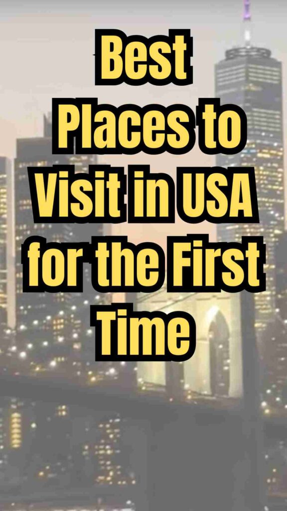 **Alt Text:**
A visual guide for first-time visitors to the USA, featuring New York City’s skyline and Times Square, Washington D.C.’s monuments, San Francisco’s Golden Gate Bridge, the Grand Canyon’s vast cliffs, and New Orleans’ colorful French Quarter with jazz music and lively streets.