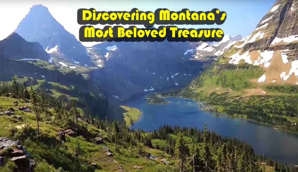 Glacier National Park in Montana with turquoise lakes, snow-capped mountains, and lush green forests under a vast blue sky.