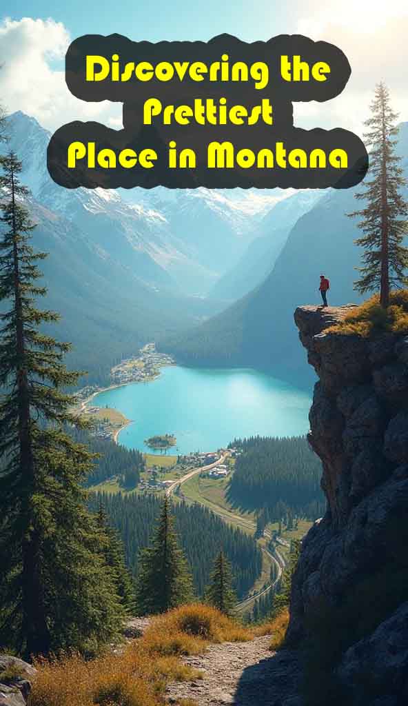 Snow-capped Montana mountains reflecting on a clear blue lake surrounded by pine forests and golden sunlight — showcasing the breathtaking beauty of Glacier National Park, Flathead Lake, and the Beartooth Highway.