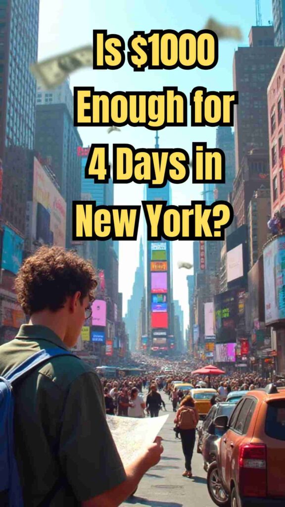 "Traveler exploring New York City on a $1000 budget, with sights of skyscrapers, street food, subway, and iconic attractions."