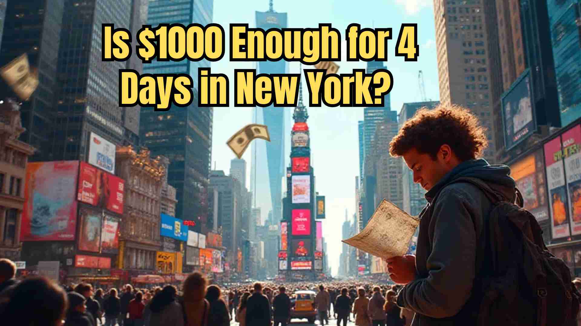 "Traveler planning a 4-day New York City trip on a $1000 budget, with NYC skyline, subway, street food, and iconic attractions in the background."