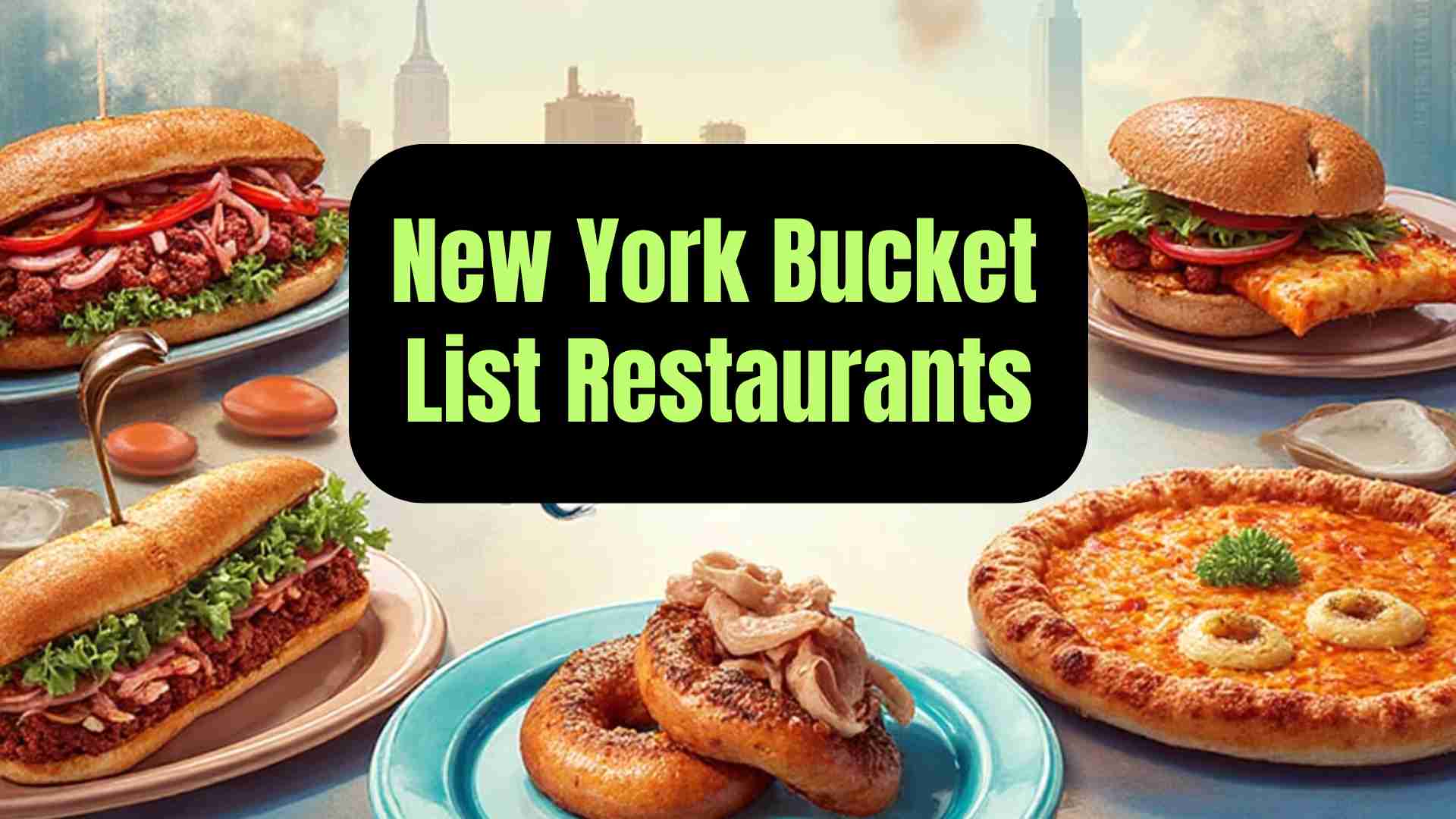 A vibrant collage of New York City’s bucket-list foods, including a pastrami sandwich, pizza slice, bagel with lox, and gourmet plated dish, with the NYC skyline in the background.