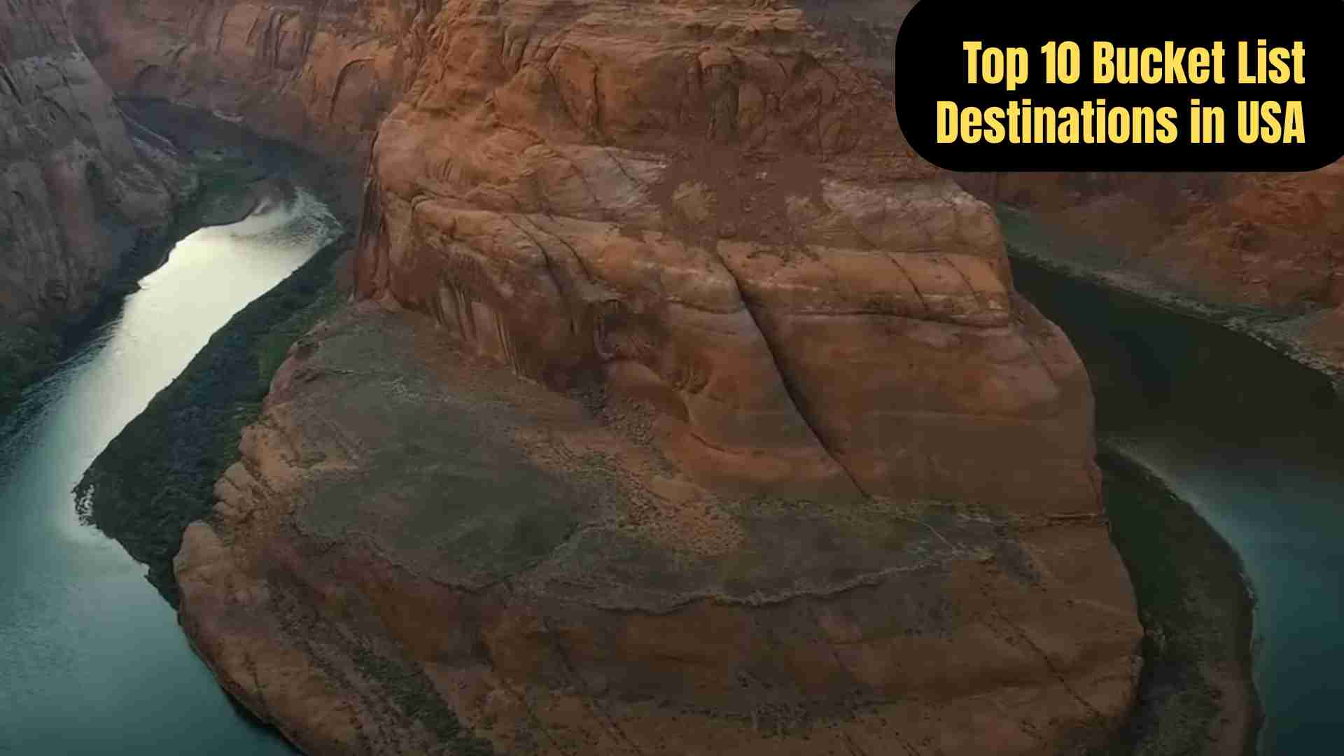 **Alt Text:** Top 10 bucket list destinations in the USA, featuring Grand Canyon, Yellowstone, New York City, Hawaii, Las Vegas, San Francisco, New Orleans, Glacier National Park, Washington D.C., and Walt Disney World, showcasing iconic landmarks, natural wonders, and cultural experiences.