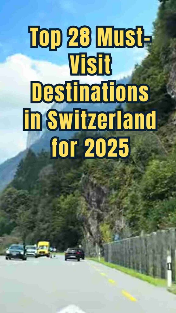 "Panoramic view of Switzerland’s top destinations in 2025, featuring the Matterhorn in Zermatt, Lauterbrunnen waterfalls, Lake Lucerne, Geneva’s Jet d’Eau, Montreux waterfront, and charming alpine villages like Grindelwald and Appenzell with snow-capped mountains and clear skies."