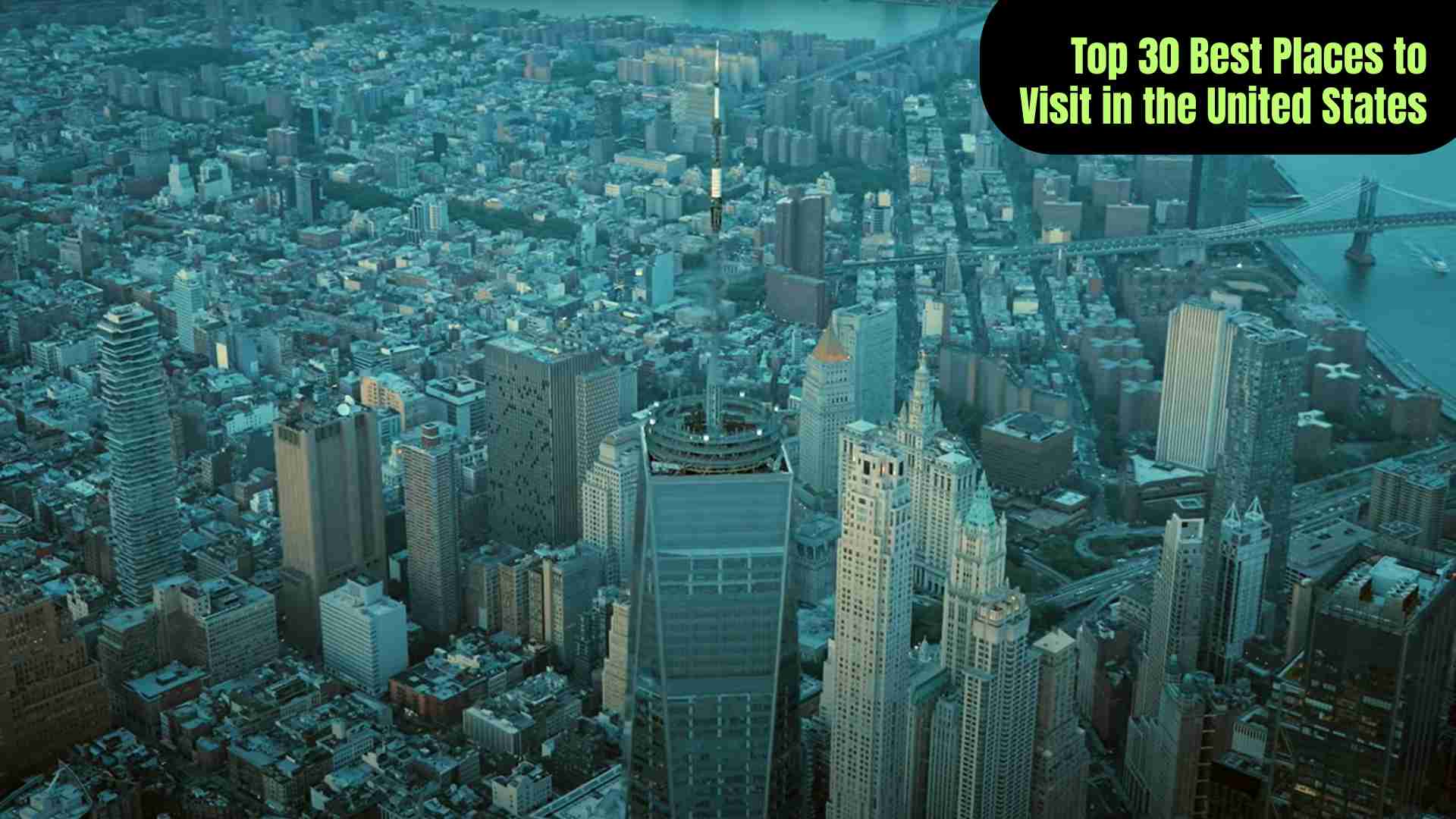 Collage of the top 30 best places to visit in the United States, featuring landmarks like the Grand Canyon, Statue of Liberty, Yellowstone National Park, Golden Gate Bridge, Miami beaches, and Yosemite National Park.