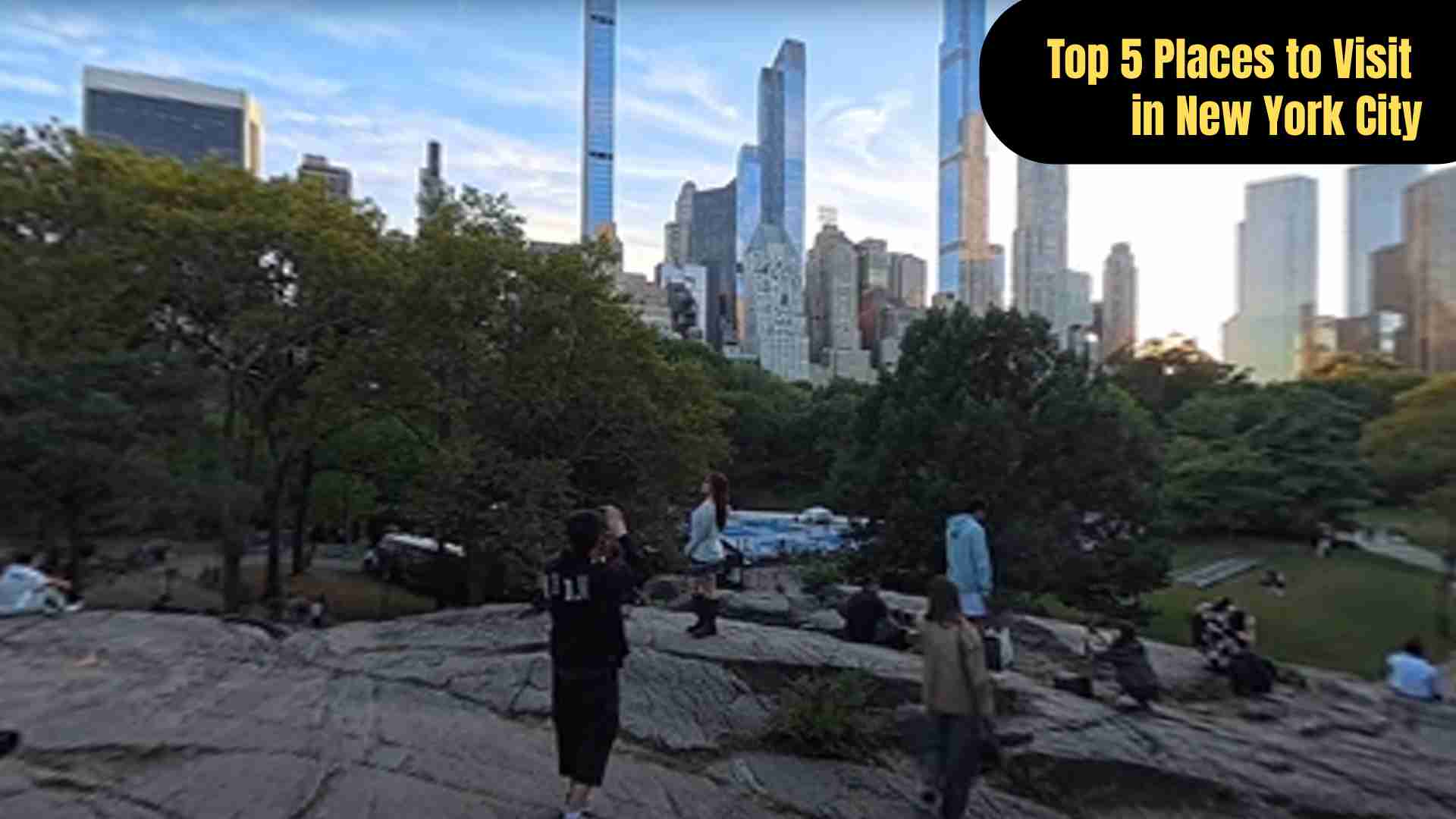 A collage of New York City’s top attractions: Central Park’s lush pathways, the Statue of Liberty standing tall against a clear sky, Times Square glowing with neon lights at night, the Metropolitan Museum of Art’s grand facade, and the iconic Brooklyn Bridge spanning the East River at sunset.