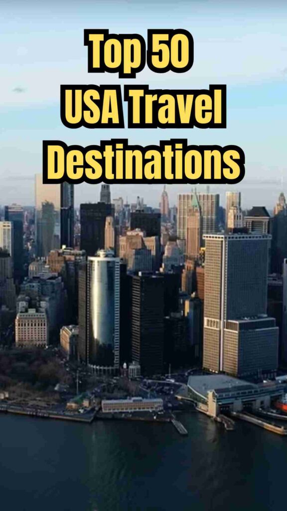 Collage of top USA travel destinations including New York City skyline, Grand Canyon, Golden Gate Bridge, Yellowstone geysers, and Miami beaches, showcasing America’s diverse cities, nature, and landmarks.
