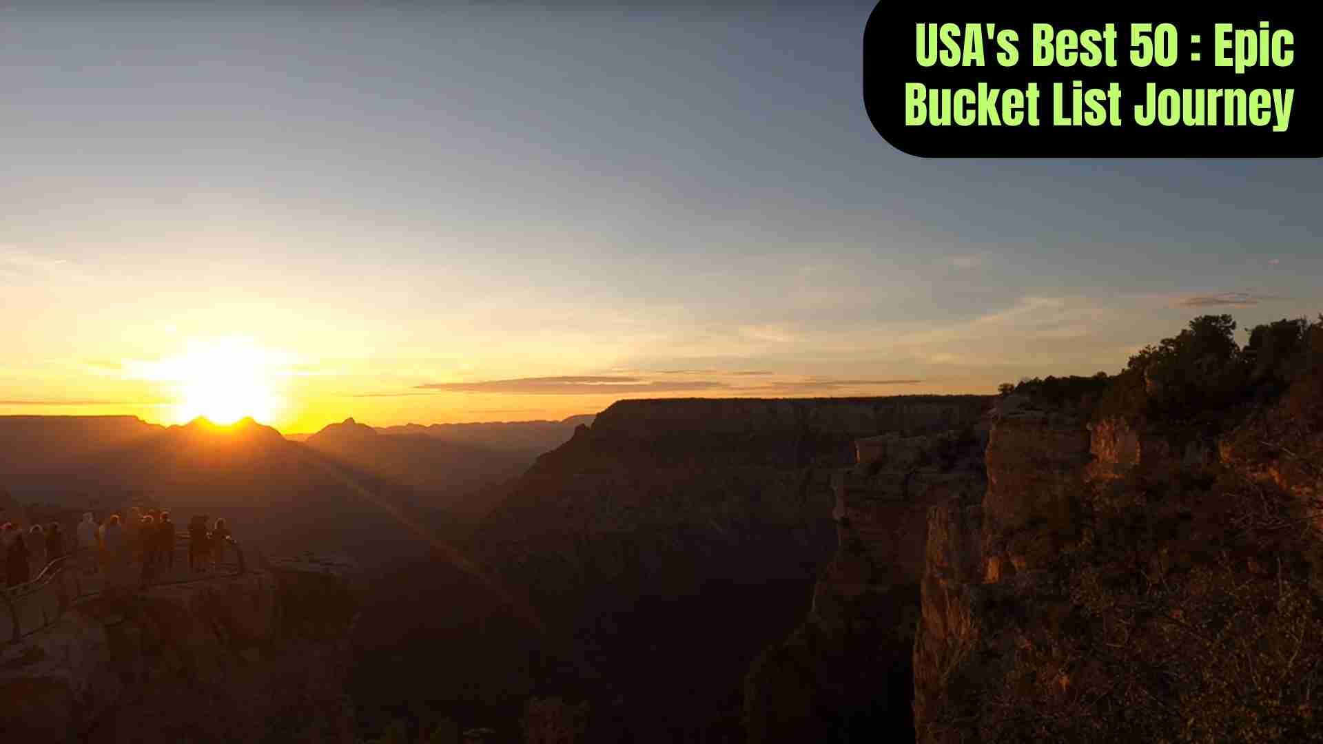 A collage of iconic U.S. landmarks and adventures including the Grand Canyon sunrise, Pacific Coast Highway, Yellowstone wildlife, skiing in Aspen, kayaking in the Everglades, Broadway shows in New York, Northern Lights in Alaska, and Route 66 road trips, capturing the essence of an epic American bucket list journey.