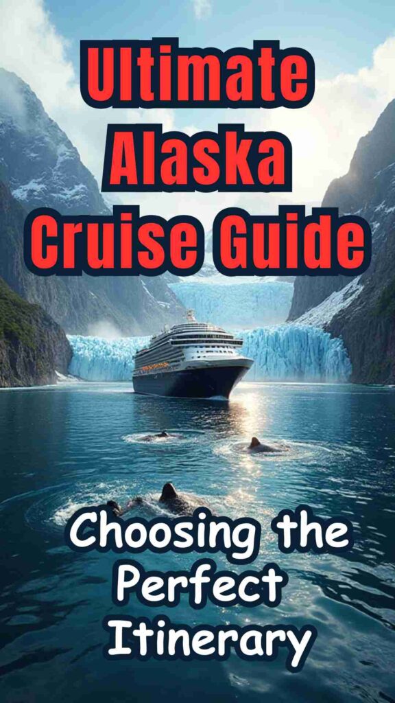 A scenic Alaska cruise view showing towering glaciers, calm blue waters, and a cruise ship sailing through the Inside Passage with snow-capped mountains and wildlife in the distance.